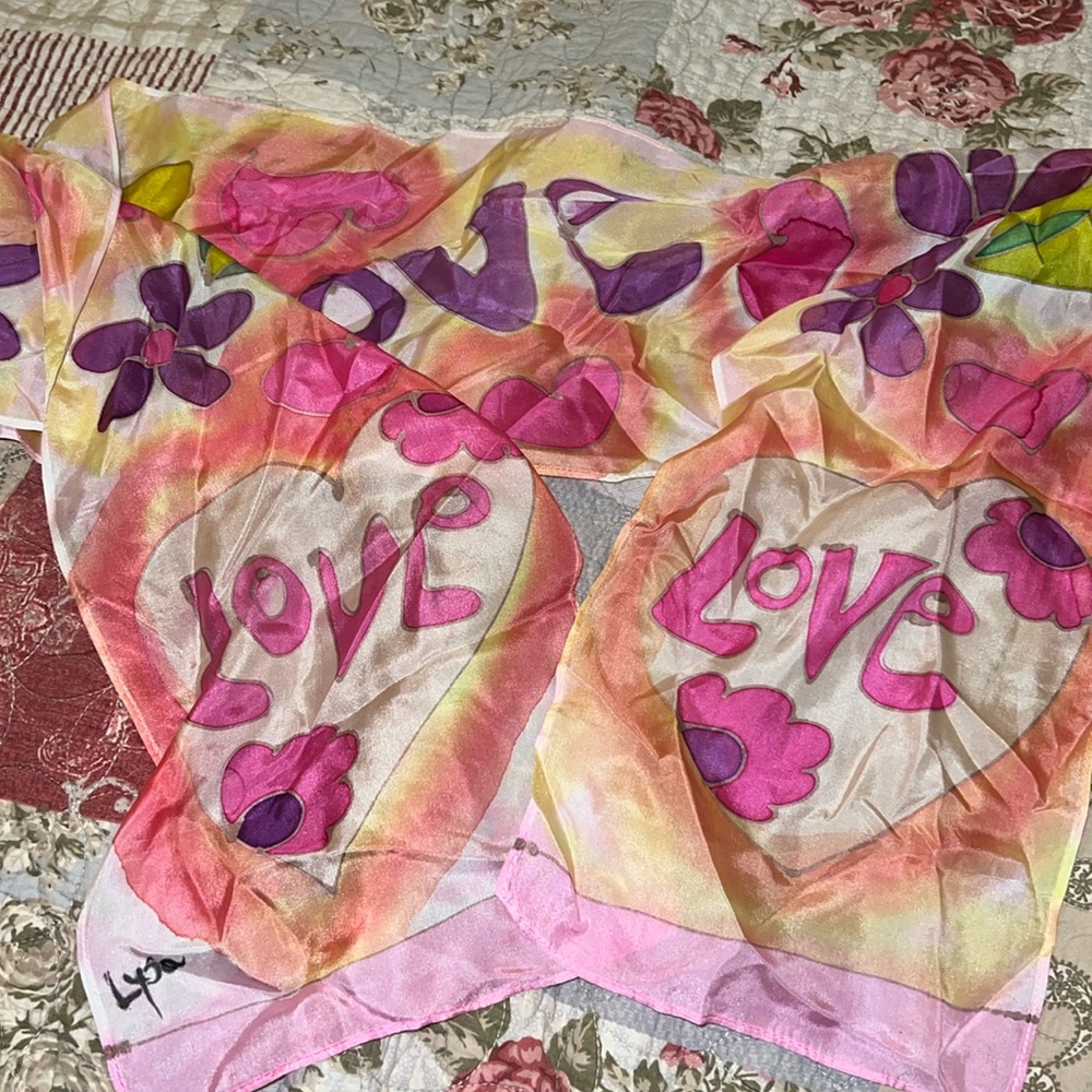 Retro 60s hand painted Love silk oblong scarf Lysa